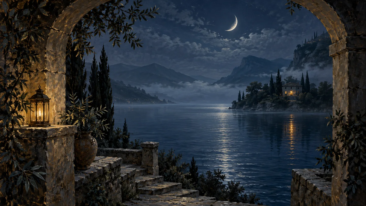 Каменная арка открывается к лунному озеру и далёкому дому с тёплым светом в окне — образ пространства сна