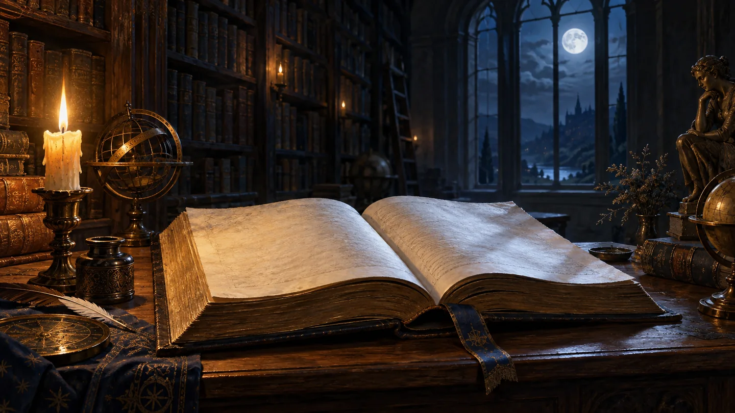 Открытая старинная книга на столе при свете свечи и луны